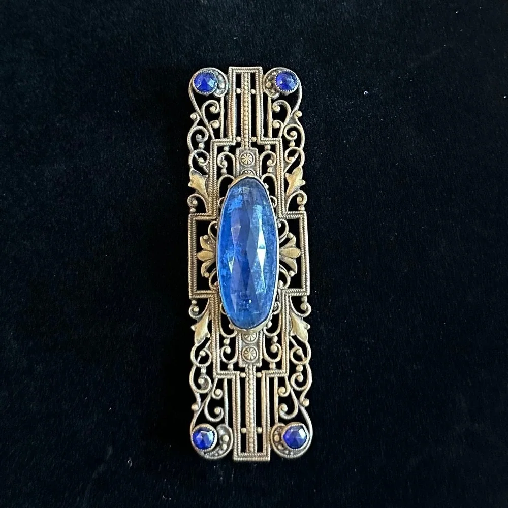 Vintage Art Deco Style Blue Stone Filigree Bar Brooch Antiqued Brass Tone 3.25in